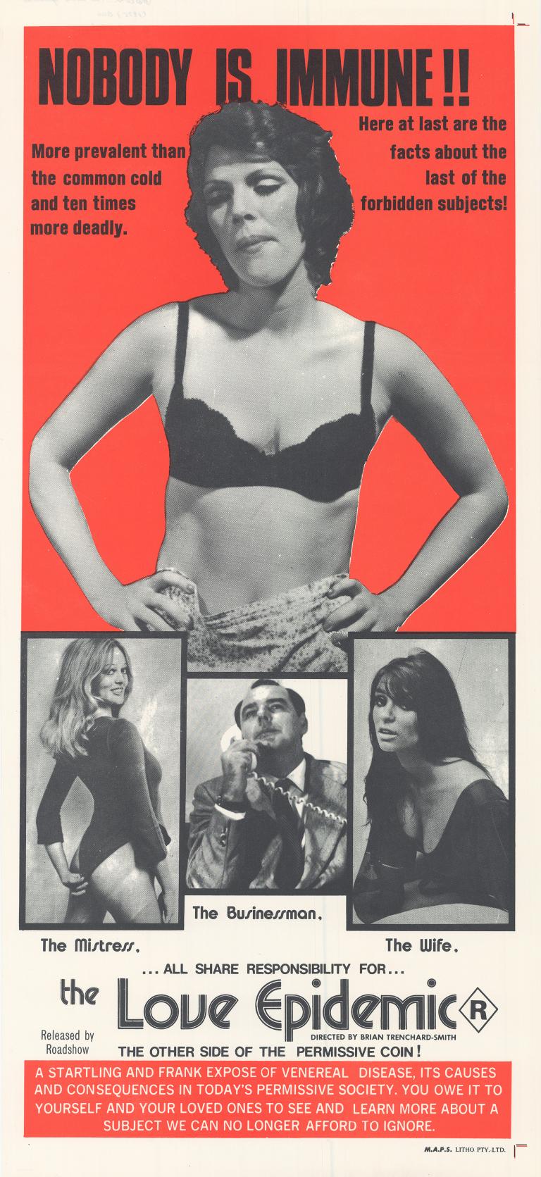 Daybill poster for film 'The Love Epidemic'. Main image of a woman standing with hands on hips wearing a bra. Three smaller framed images are underneath with film title and credits. Background colour is red and the tagline is "Nobody is immune!!"