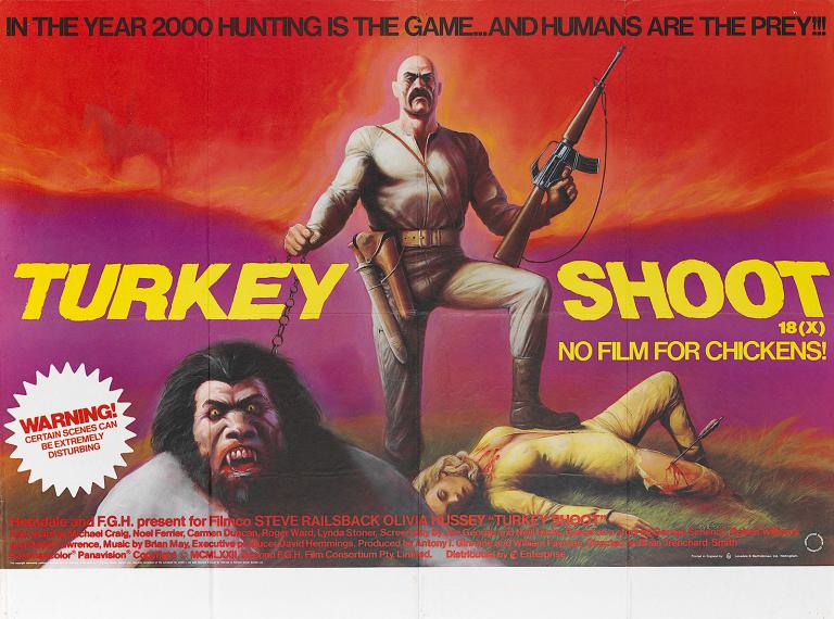 Poster art for film Turkey Shoot shows a menacing man with a rifle standing with one foot on the stomach of a dead woman lying on the ground. In the foreground is a scary-looking long-haired, bearded, snarling, half-man/half-monster type figure.