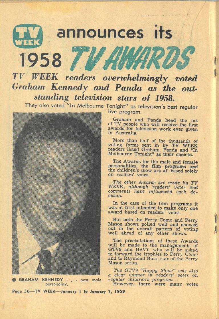 A page from TV Week magazine from January 1959. The headline reads "TV Week announces its 1958 TV awards". The page also features a picture of TV host Graham Kennedy on the left and a block of copy on the right.
