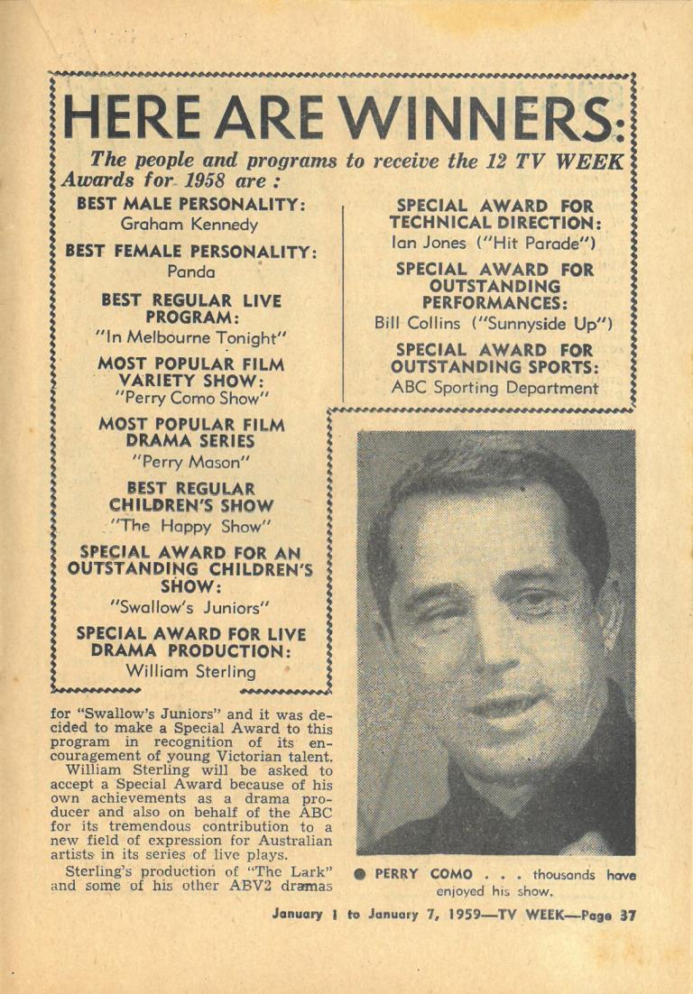 A page from TV Week magazine from January 1959. The headline reads "HERE ARE WINNERS". The page also features a picture of singer Perry Como and a list of winners from the TV Week awards.