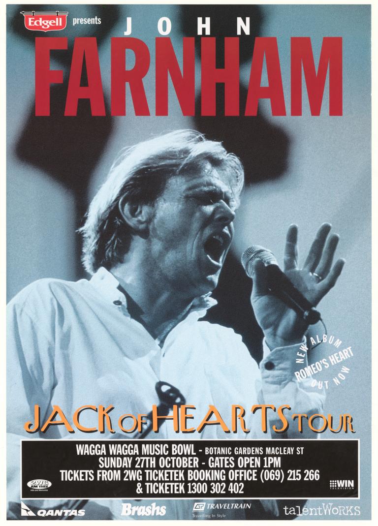 Poster featuring singer John Farnham holding a microphone and singing. The poster is advertising concert dates for his Jack of Hearts tour.