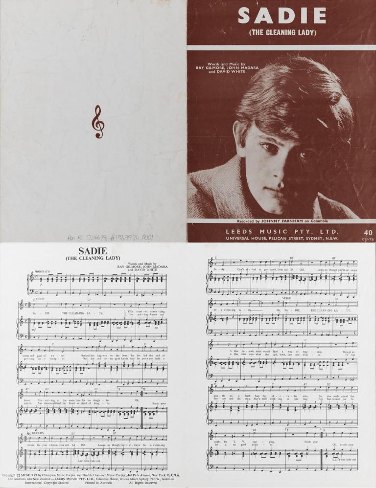 Sheet music for the song 'Sadie (the cleaning lady)' by John Farnham featuring an image of him on the front cover. 