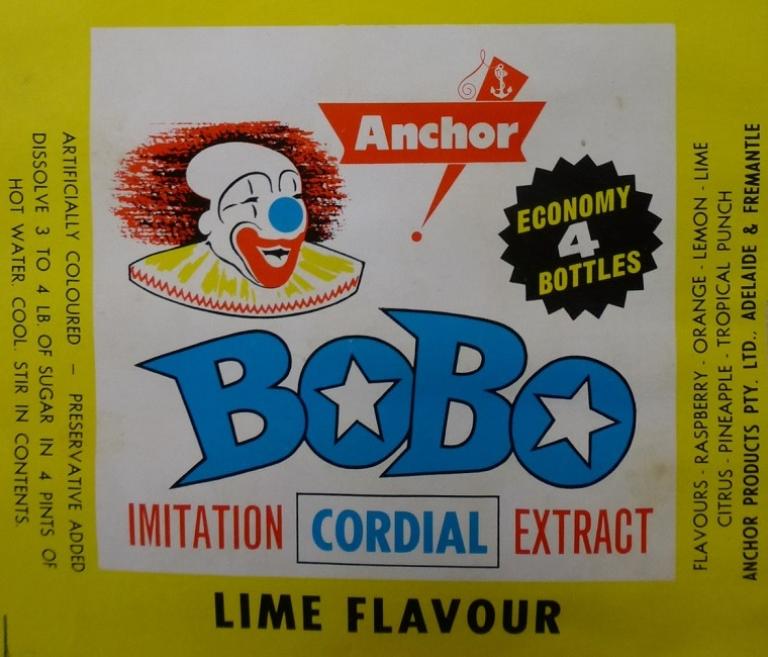 Cordial wrapper featuring a drwaing of Bobo the Clown, 'Anchor' brand name and flavour