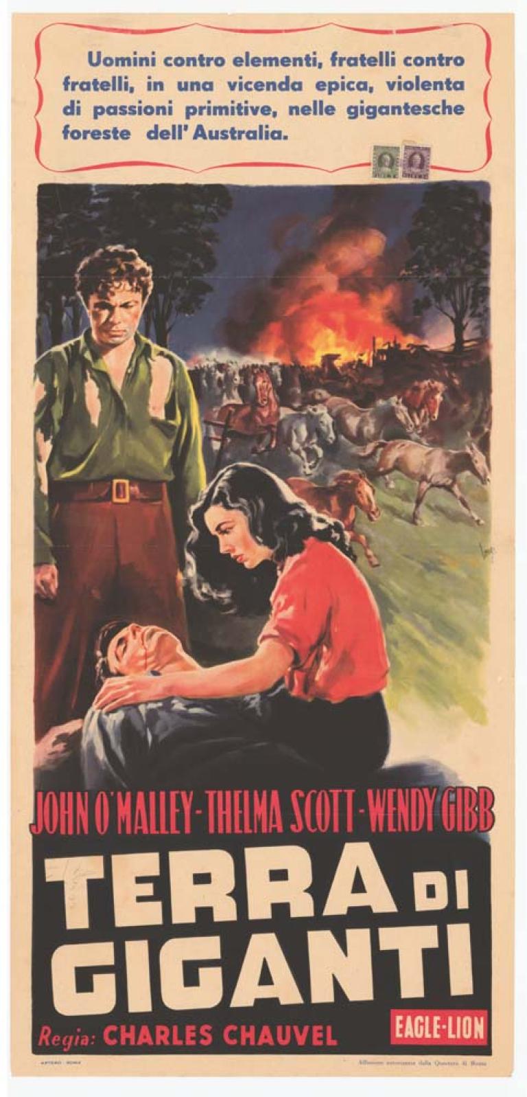 In the foreground is of a woman in a red shirt tending an injured man with another man in a green shirt looking on. In the background are horses stampeding from a fire. 