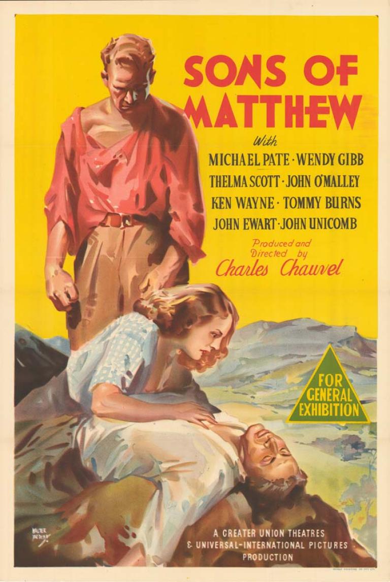Full colour poster for the film 'Sons of Matthew' showing Michael Pate lying injured on the ground with Thelma Scott bent over him. A male stands looking over both.