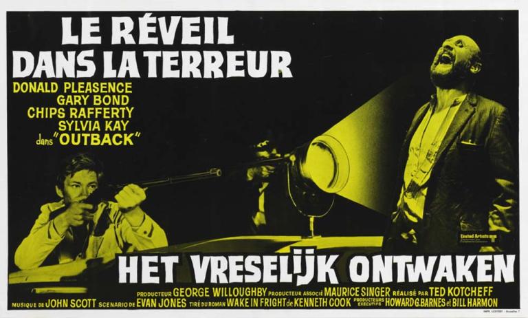 Black, white and yellow poster with French title 'Le Reveil Dans La Terreur' and Flemish title 'Het Vreselijk Ontwaken'. Image of Gary Bond with a gun next to a spotlight and Donald Pleasence with two-up coins over his eyes.