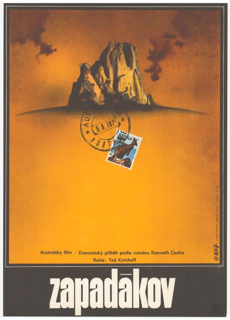 Czech title 'Zapadakov' below an image of a rock outcrop against a yellow and brown background. Overlaying centre of image is an Australian 'stamp' featuring two kangaroos (one alive, one dead) 'postmarked' Australia and dated 6.8.1975. 