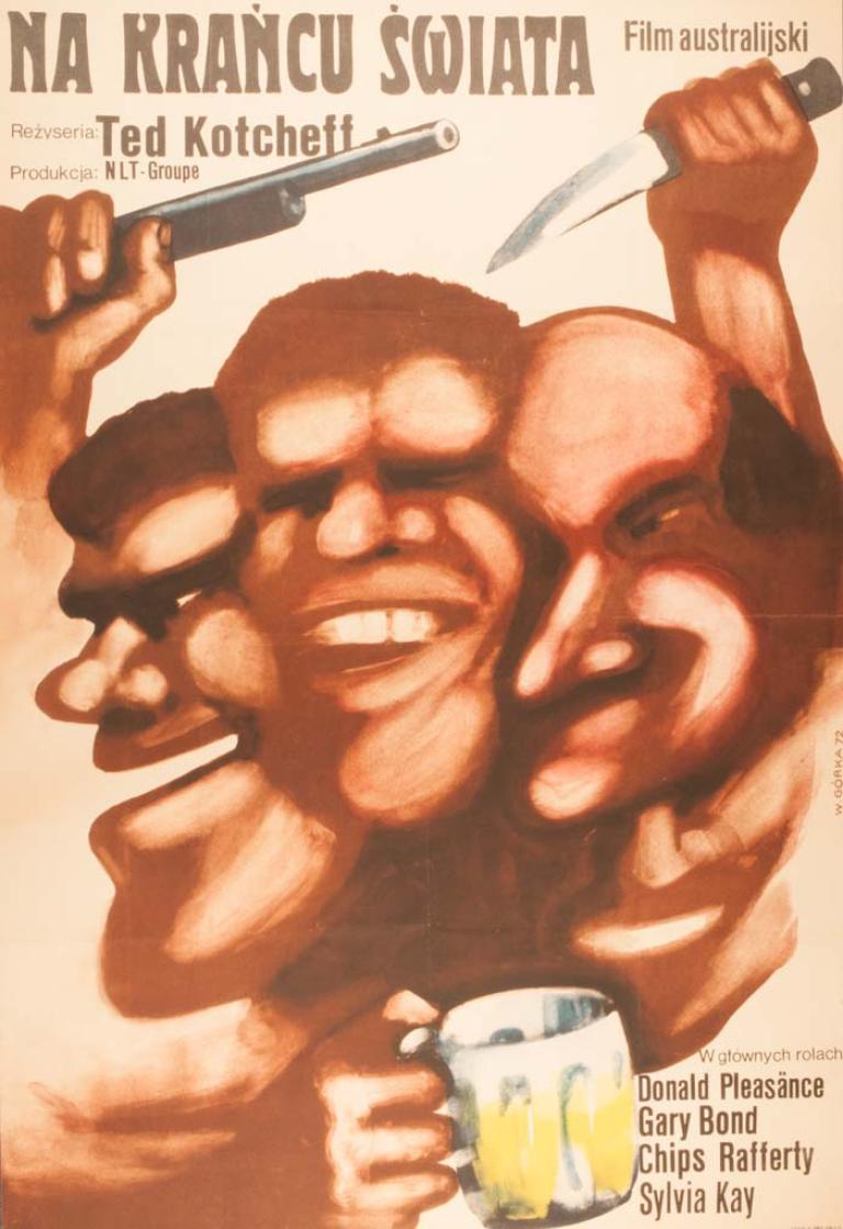 Expressive illustration of three men, one holding a beer glass, one holding a knife and one holding a gun in brown shades with film title above.