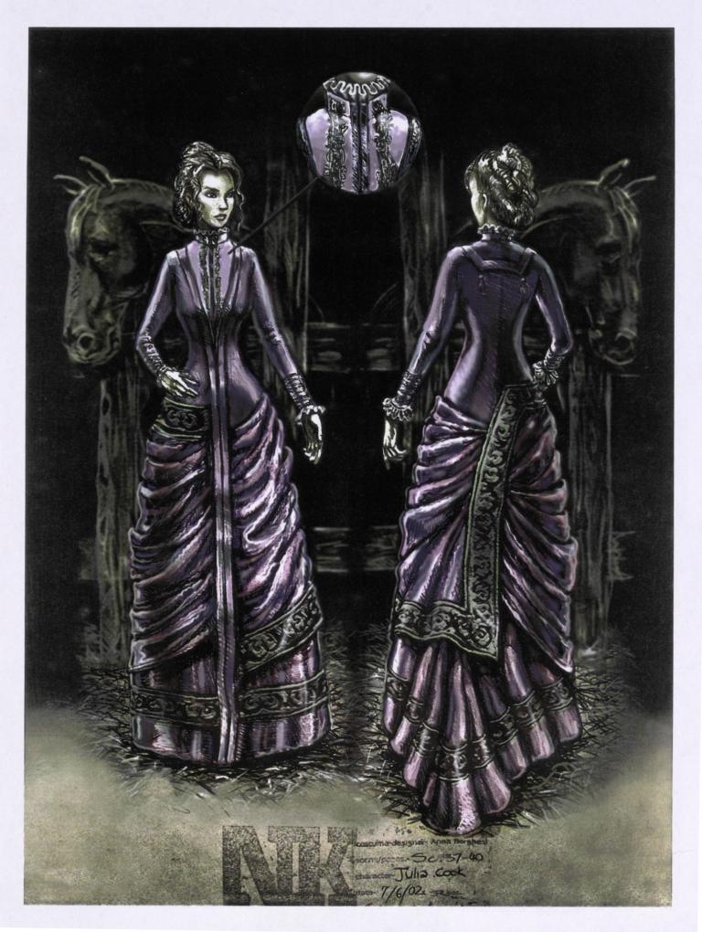 Drawing of a woman wearing a Victorian-style lavender-coloured dress with high neck and ruffled skirt. The drawing shows the front and back of the dress.