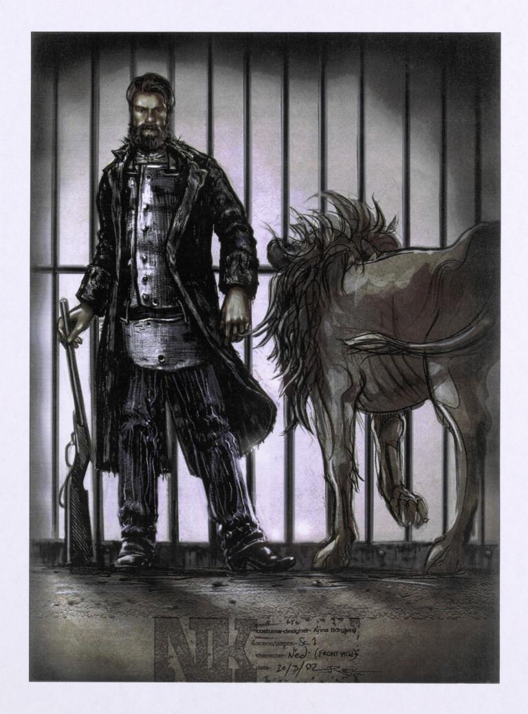 Drawing of bushranger Ned Kelly wearing a long coat with armour underneath. He is holding a rifle in one hand. There is a lion on his right hand side and some iron bars behind them that looks like a jail cell.