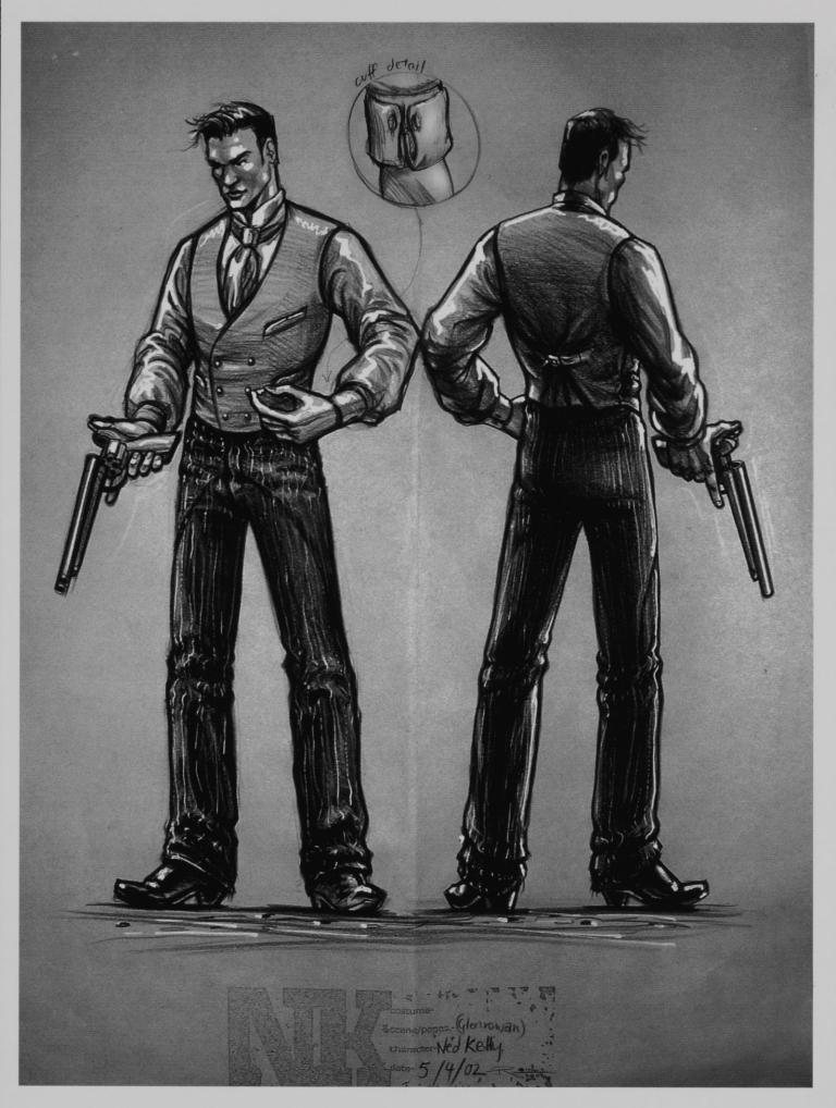 Drawing of Heath Ledger in character costume as Ned Kelly wearing suit trousers, collared shirt, tie and waistcoat. He is holding a gun in his right hand. The drawing shows the front and back view of the costume.