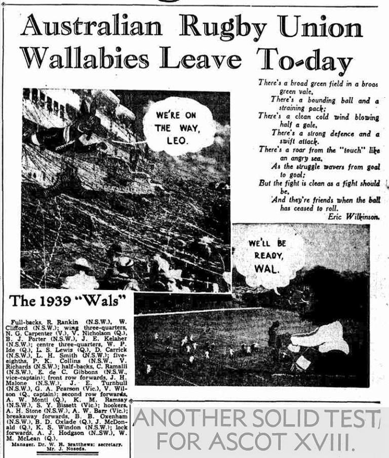 Newspaper article about the Australian Rugby Union team leaving for England in 1939.