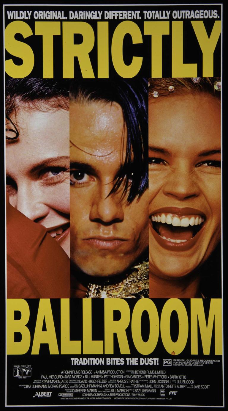 Strictly Ballroom poster with images of Tara Morice, Paul Mercurio and Sonia Kruger