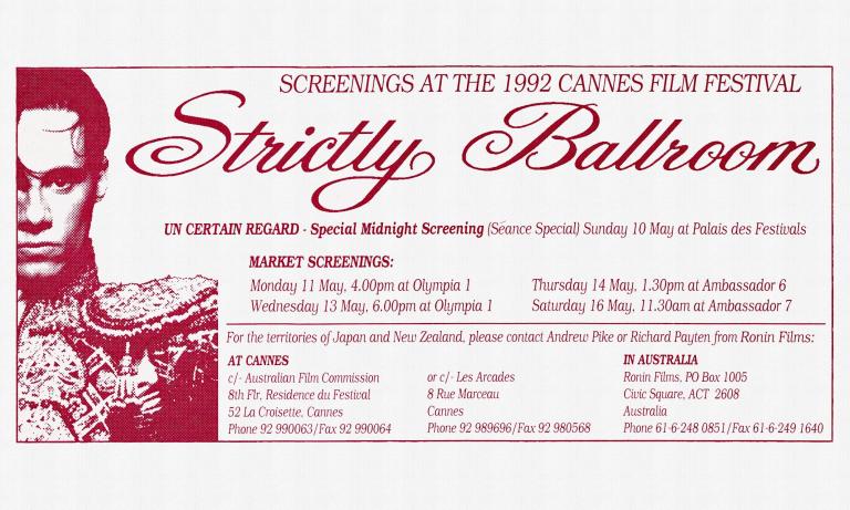An invitation card to the 1992 Cannes Film Festival screenings of Strictly Ballroom