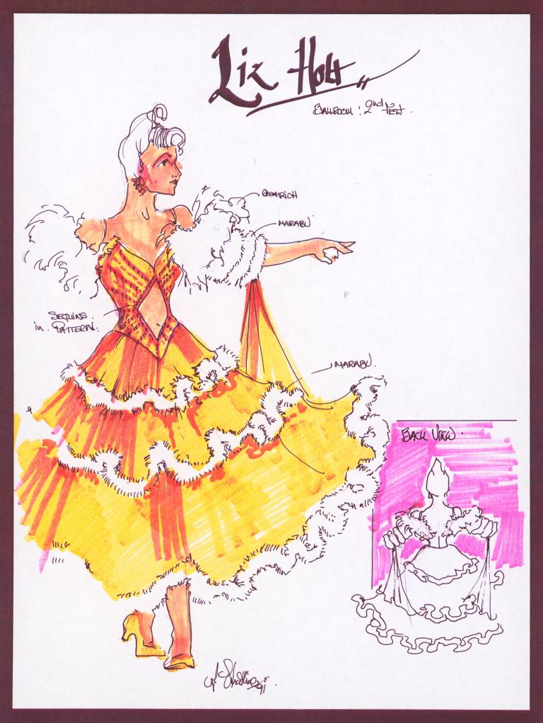 Hand drawn sketch of a women's ballroom dancing costume for the film Strictly Ballroom