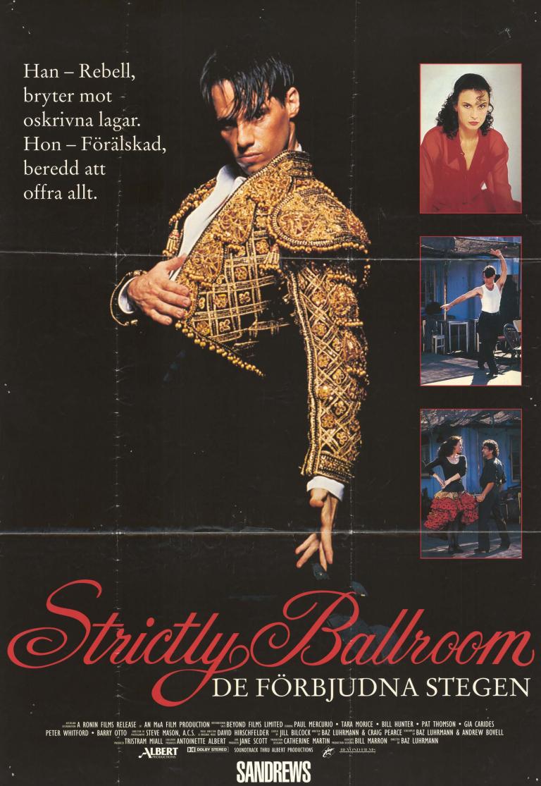 Swedish poster for Strictly Ballroom featuring images of Paul Mercurio, Tara Morice and Antonio Vargas