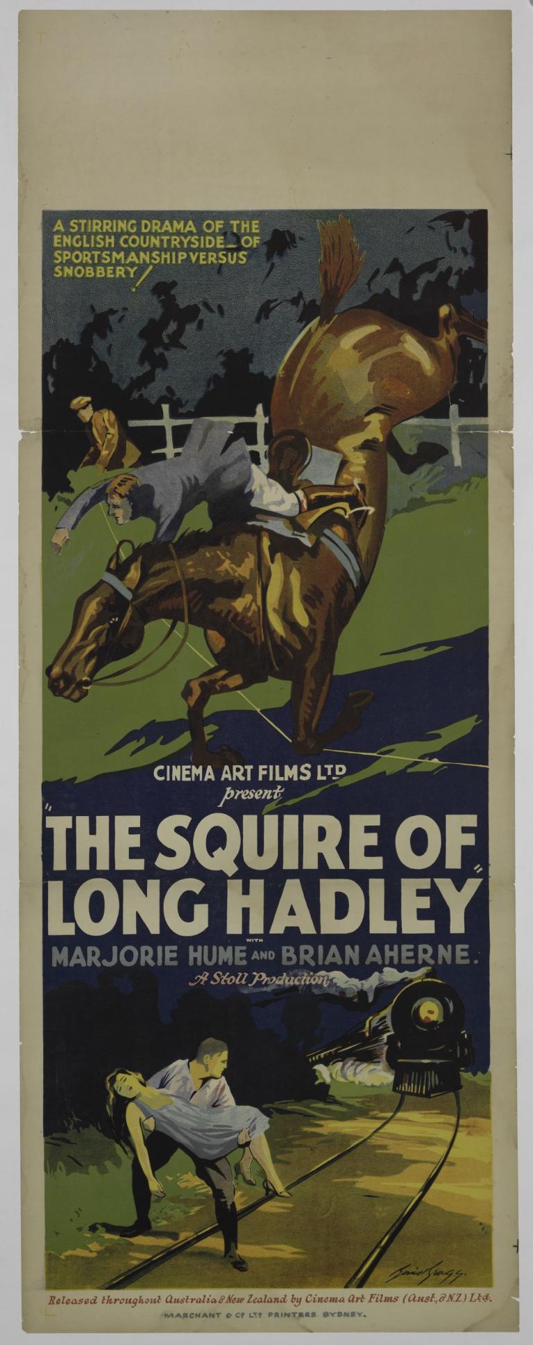 Thos poster design focuses on two perilous situations: a man being thrown off a horse after it stumbles on a trip wire and an unconscious woman being rescued from an oncoming train. 