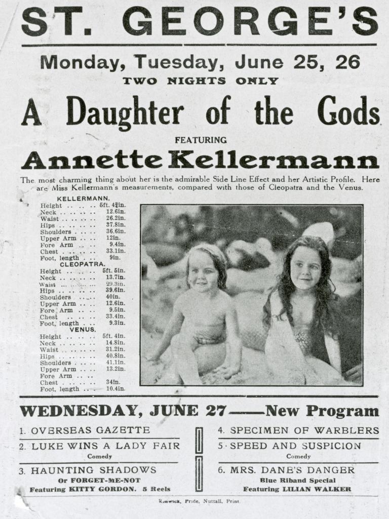 A black and white advertisement for screenings of 'A Daughter of the Gods' starring Annette Kellerman at the St George's Theatre. Includes a picture of two small children.