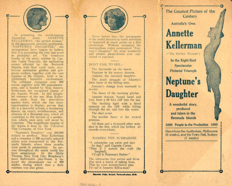 A bi-fold pamphlet advertising Neptune's Daughter. Annette Kellerman is standing in a ballet pose with her hands above her head.