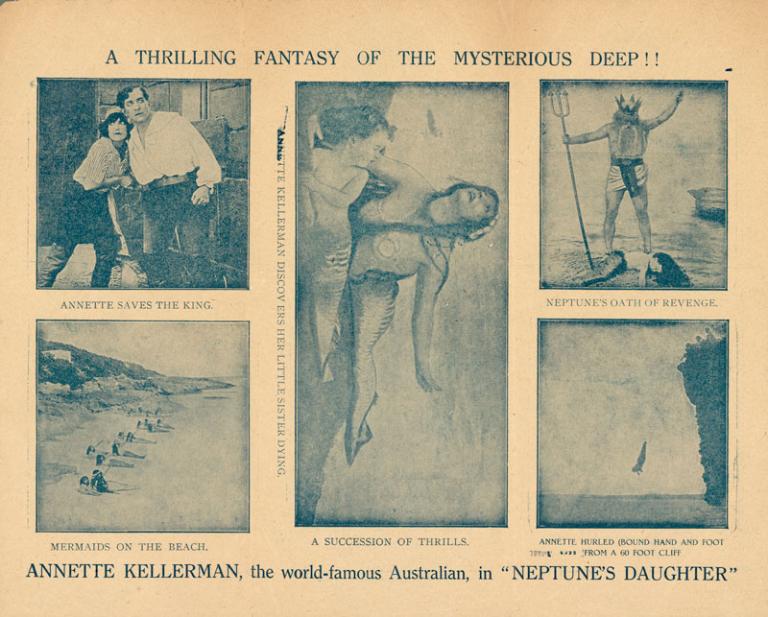 A  bi-fold pamphlet advertising Neptune's Daughter. Black and white photographs show scenes from the film.