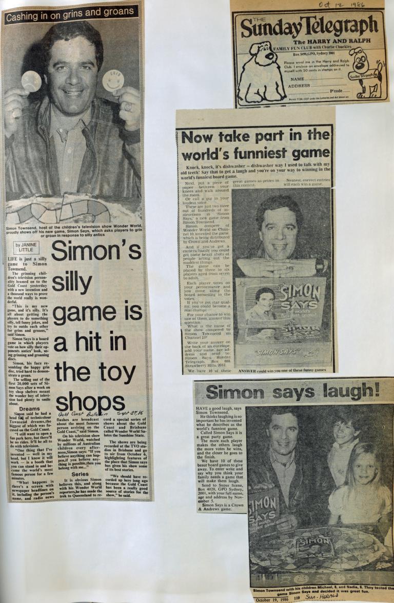 Four press clippings pasted onto a scrapbook page about Simon Townsend's board game called Simon Says.