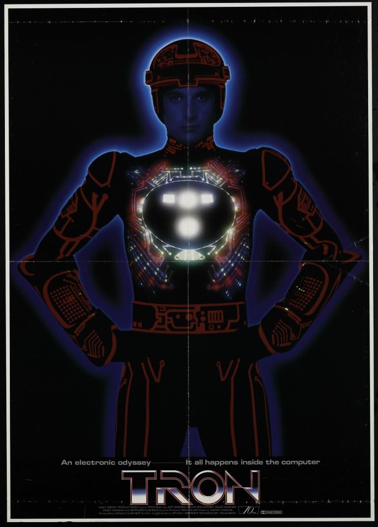 Film poster for the movie Tron showing a man, hands on hips, wearing an illuminated spacesuit and helmet. 