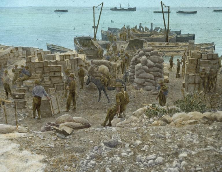 Unloading barges at Anzac Cove