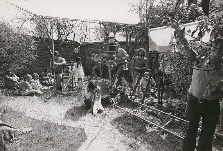 Film crew on the set of Caddie in a Sydney backyard