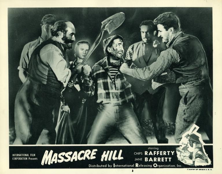 Lobby card for the film Massacre Hill shows miner, James Scobie, played by Al Thomas, attacked on the goldfields