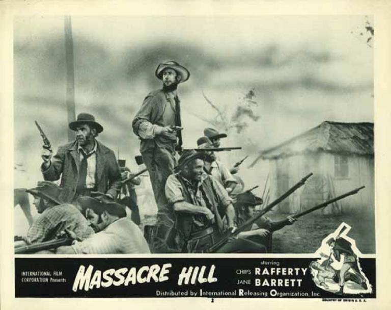 Lobby card from the film Massacre Hill shows Chips Rafferty as Peter Lalor with fellow miners making their last stand at the stockade.