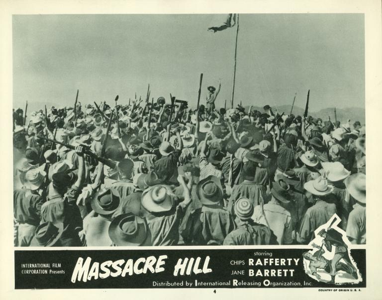 Lobby card from the film Massacre Hill shows A striking image shows Chips Rafferty as Peter Lalor compelling the miners to unite.