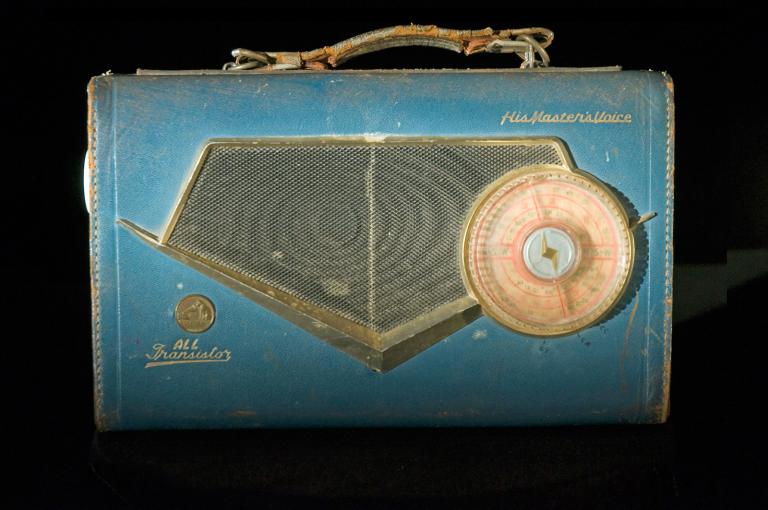 His Master's Voice Portable Transistor Radio in blue leather case