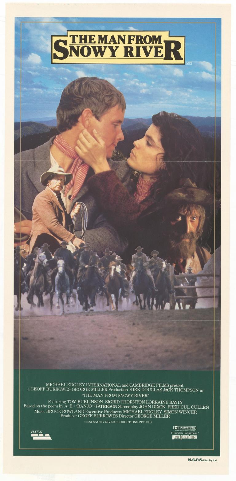 Poster montage of head and shoulders of Tom Burlinson and Sigrid Thornton, Jack Thompson with stockwhip, Kirk Douglas with beard and bush hat and a group of horsemen riding towards the camera.