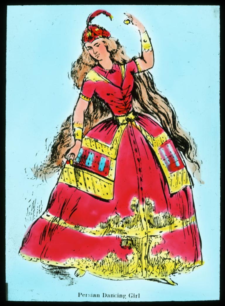 Glass slide depicting a woman wearing a red dress and feathered hat. The text on the glass slide says 'Persian dancing girl'.