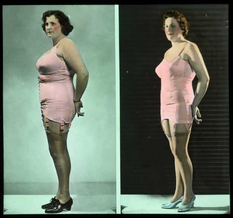 A side-by-side comparison of a woman dressed in two different types of underwear. The slide is hand-coloured.