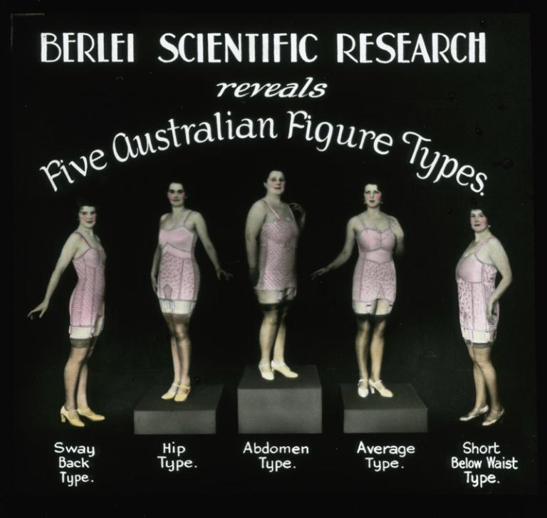 Five different women stand looking at the camera in their underwear. The text says: Berlei scientific research reveals five Australian figure types: Sway Back Type, Hip Type, Abdomen Type, Average Type, Short Below Waist Type.