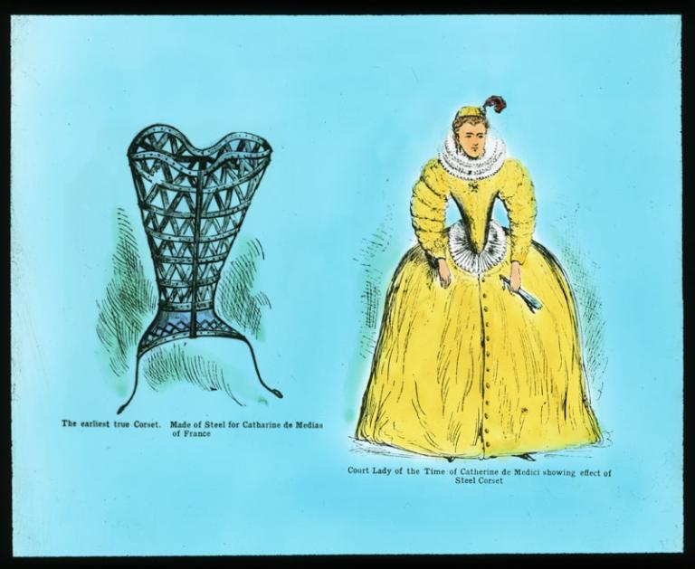 Two illustrations. One of a steel corset, the other of a woman wearing 1500s fashion.