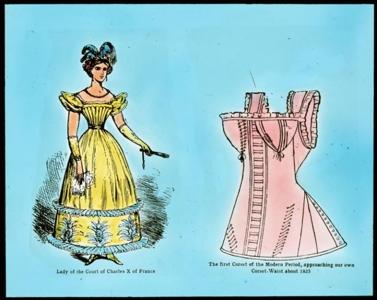 Two illustrations. One of a woman wearing a dress from the early 1800s and next to it, a corset.