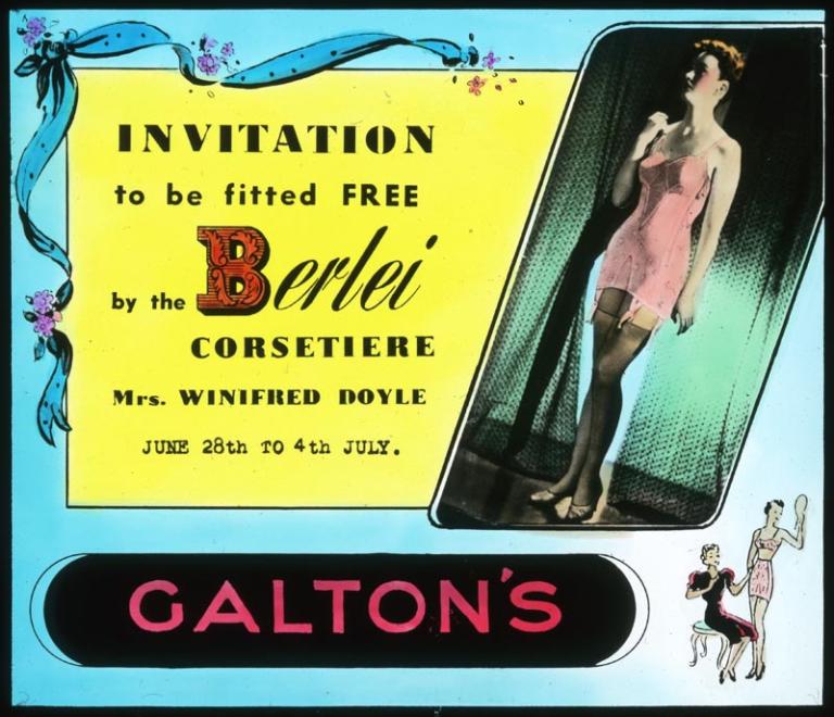 A glass slide advertising the free corsetiere services of Mrs Winifred Do