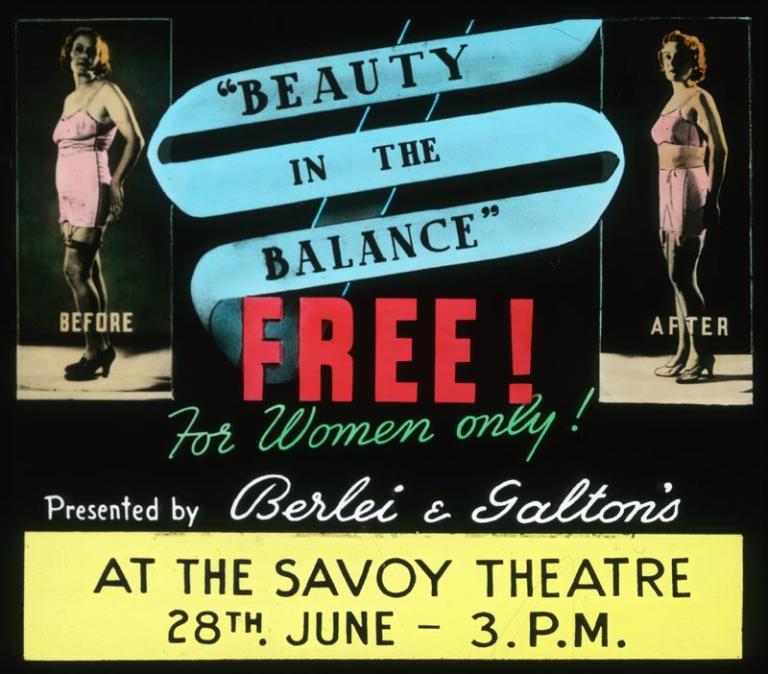 A glass slide advertisement for the film 'Beauty in the Balance'. It shows a before and after image of a woman in a Berlei foundation garment. Text reads: 'Free! For Women only!'.