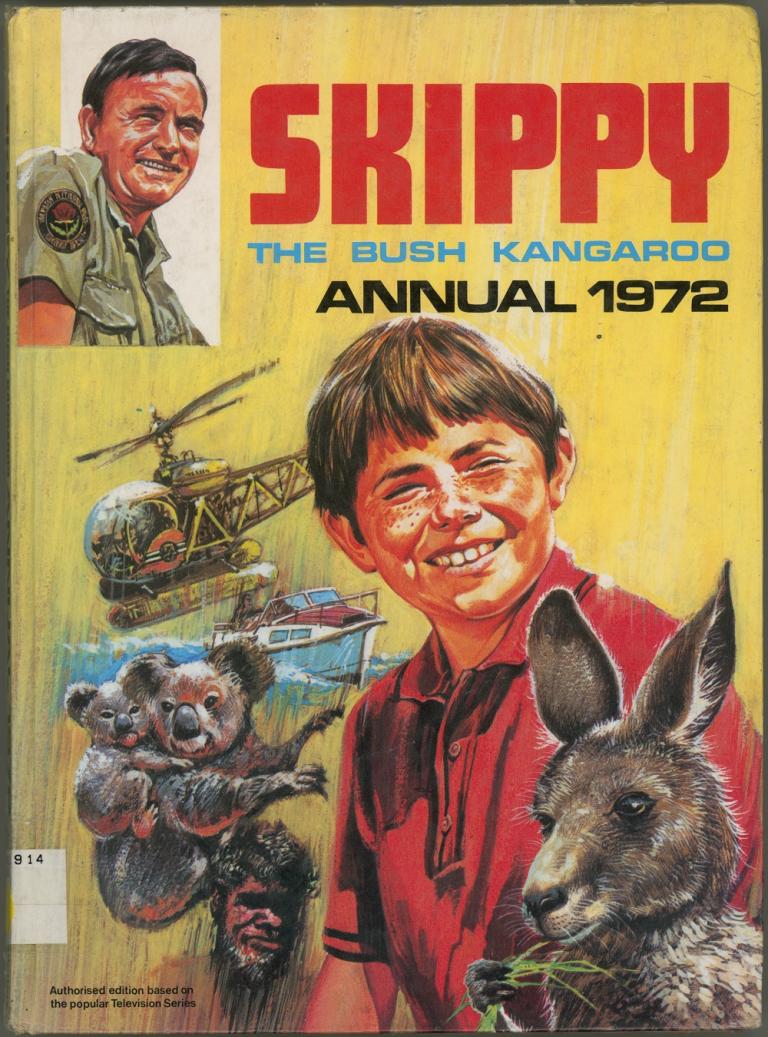 Cover of book showing illustrations of a kangaroo and koalas, helicopter and speedboat. Plus a young boy and a man. Text reads, "Skippy Annual 1972'.