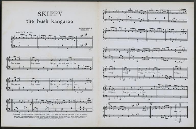 Double page of sheet music titled 'Skippy the Bush Kangaroo', words and music by Eric Jupp.