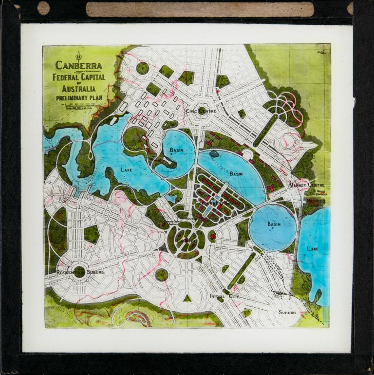 Glass slide of Walter Burley Griffin's Preliminary Plan of 1913 with his proposal for roads, water features and land use for the central area of Canberra. 