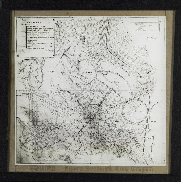 Glass slide of Walter Burley Griffin's schematic plan for the central area of Canberra indicates roads, rail and waterway levels.  