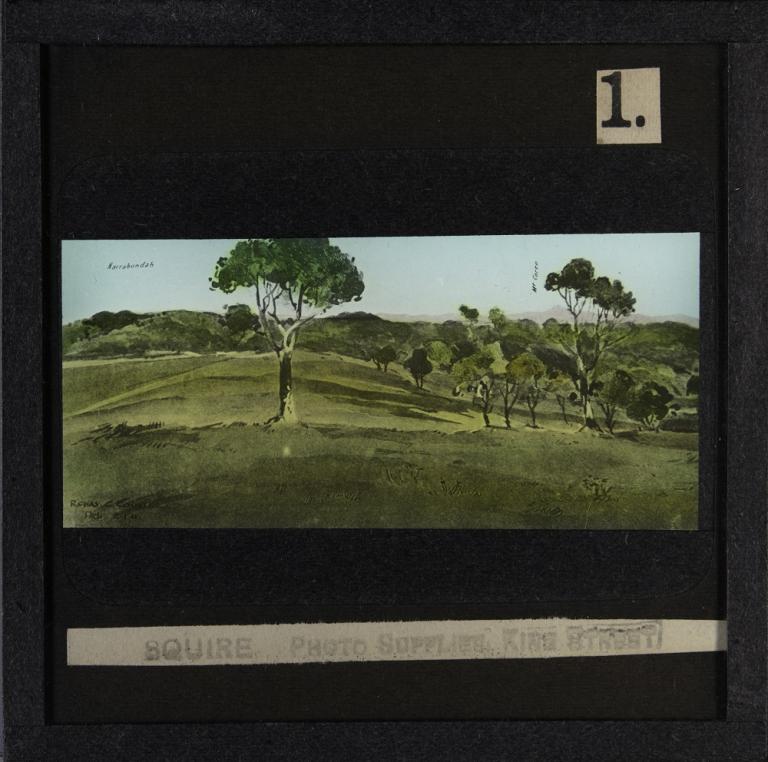 Glass slide shows one of six sections of the painting titled 'Cycloramic view of Canberra capital site, view looking from Camp Hill'. 