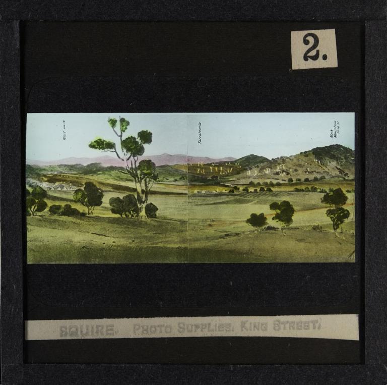 Glass slide shows the second of six sections of the painting titled 'Cycloramic view of Canberra capital site, view looking from Camp Hill'.