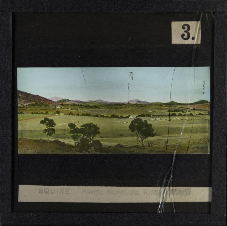 Glass slide shows the third of six sections of the painting titled 'Cycloramic view of Canberra capital site, view looking from Camp Hill'.