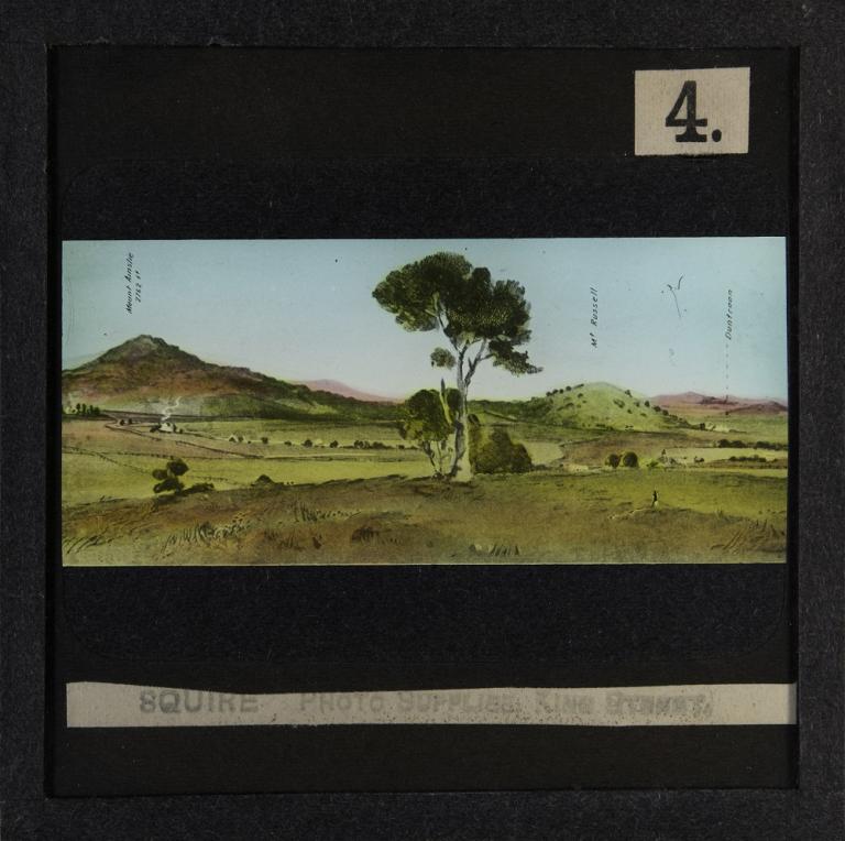 Glass slide shows the fourth of six sections of the painting titled 'Cycloramic view of Canberra capital site, view looking from Camp Hill'.
