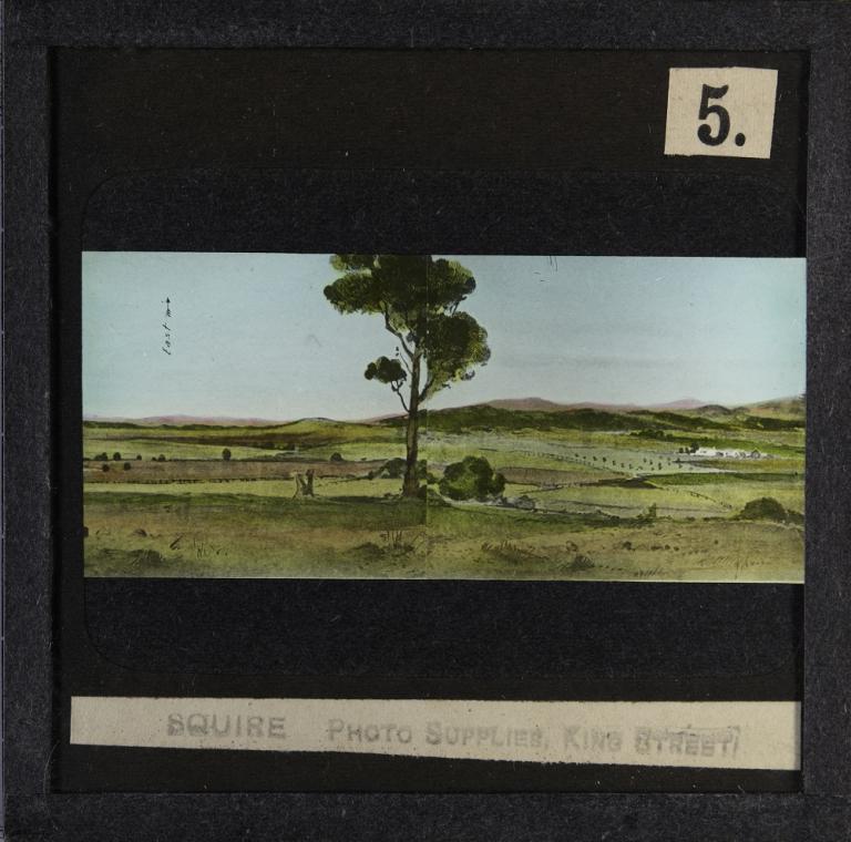 Glass slide shows the fifth of six sections of the painting titled 'Cycloramic view of Canberra capital site, view looking from Camp Hill'.