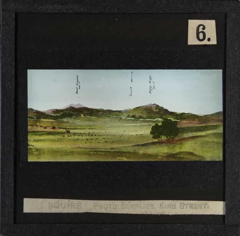Glass slide shows the sixth of six sections of the painting titled 'Cycloramic view of Canberra capital site, view looking from Camp Hill'.